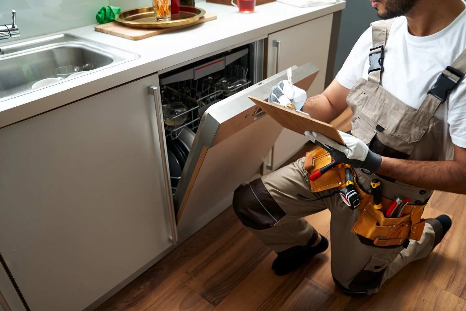 Technician checking a kitchen dishwasher